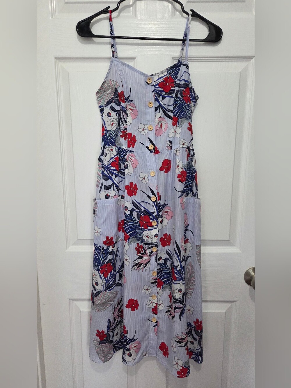 Women Tropical Floral Striped Button Front Midi Dress Pockets Size XS Botanical